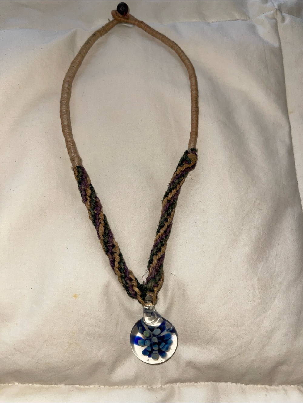 Handmade Multicolor Braided Cord Necklace with Blue Glass Pendant
